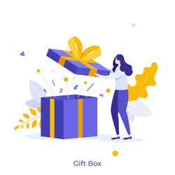 Woman opening gift box and looking at festive confetti thrown out of it. Concept of birthday present, holiday greetings, surprise party. Modern flat colorful vector illustration for banner, poster.