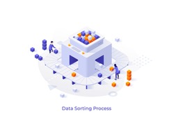 Conceptual template with people putting cubes on conveyor belt. Scene for data sorting process, algorithm analysis, database information research. Modern isometric vector illustration for webpage.