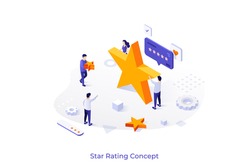 Conceptual template with group of people and golden stars. Scene for quality ranking, excellent rating score, positive review, user feedback. Modern isometric vector illustration for website.