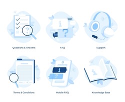 Web information and guide collection: FAQ or questions and answers, technicals support, guidebook or handbook with information, terms and conditions document. Flat vector illustrations for banner.