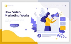 Landing page template with woman speaking with bullhorn on laptop computer screen. Concept of work of video marketing, online multimedia advertising. Modern flat vector illustration for website.