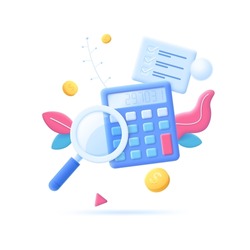 Calculator, magnifying glass, dollar coins, checklist. Concept of personal financial management, revenue calculation, accounting. Modern colorful vector illustration in 3d style for banner, poster.