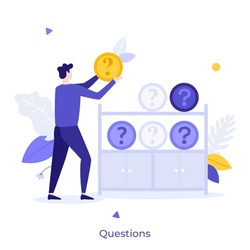 Man putting interrogation points on shelving. Concept of frequently asked questions or FAQ, Q and A, collecting information for problem solving. Modern flat vector illustration for banner, poster.
