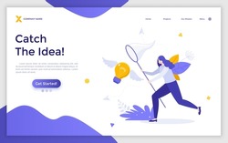 Landing page template with woman catching flying winged lightbulb with butterfly net. Concept of chasing or pursuing innovative business idea, creative thinking. Flat vector illustration for website.