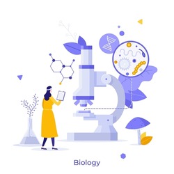 Scientist or biologist looking at microscope surrounded by molecular structures and bacteria. Concept of biology, microscopy research, biochemistry laboratory. Modern vector illustration for poster.
