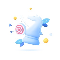 Knight chess piece, shooting target with arrow in center, dollar coins. Concept of business strategy or tactics, financial goal achievement. Modern vector illustration in pseudo 3d style for banner.
