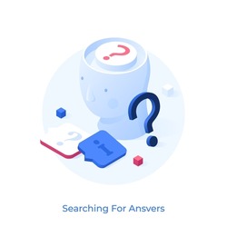 Question marks inside human head. Concept of FAQ, search for data, information guide, finding answers, challenging problem solving. Modern colorful vector illustration in pseudo 3d style for banner.