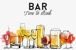 Alcohol drinks banner design. champagne, red wine, white wine, vermouth, brandy, whiskey, beer. Vector set. watercolor texture.