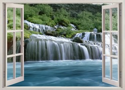 Open window view to Hraunfossar - Lava Falls - are beautiful and unusual natural phenomena