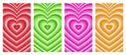 Hypnotic heart shaped tunnel color set. Rainbow retro wallpapper psychedelic 70's background.
