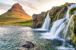 Kirkjufell waterfalls in summer season, Iceland.