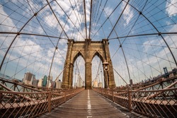 Brooklyn bridge and New York city in the background from a fish eye perspective