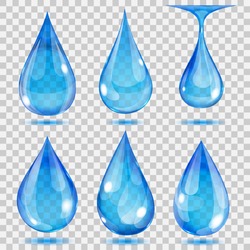 Set of transparent drops in light blue colors. Transparency only in vector format. Can be used with any background