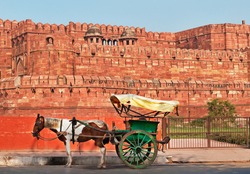 Indian carriage with horse is waiting of passengers at the entrance to Agra Fort. Agra, Uttar Pradesh, India