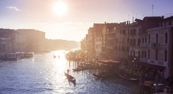 Great view from bridge over a Grand Canal, Venice, Italy with Vaparettos and condolas - Popular travel destination