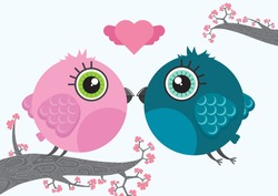 Two cute cartoon birds characters with heart above them. Branches full with flowers on the background. Illustration made in Kawaii style. Vector illustration.