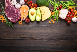 Ketogenic low carbs ingredients for healthy weight loss diet, top view, copy space. Keto foods on wooden background: meat, fish, avocado, cheese, vegetables, nuts. Clean eating, healthy fats 