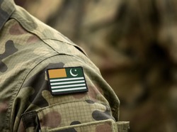 Flag of Azad Kashmir on military uniform. Army, troops, soldier (collage).