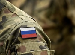 Flag of Russia on military uniform. Army, soldiers. Collage.