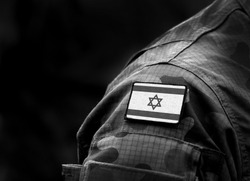 Flag of Israel on military uniform. Black and white. (collage).