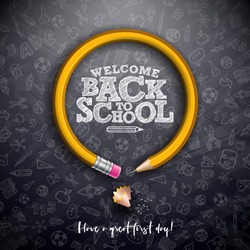 Back to school design with graphite pencil and typography lettering on black chalkboard background. Vector School illustration with hand drawn doodles for greeting card, banner, flyer, invitation