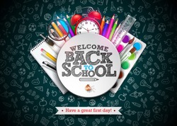 Back to school design with colorful pencil, typography lettering and other school items on dark chalkboard background. Vector School illustration with hand drawn doodles for greeting card, banner
