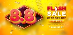Shopping Day Flash Sale Design with 3d 8.8 Number and Light Bulb Billboard on Yellow Background. Vector 8 August Special Offer Illustration for Coupon, Voucher, Banner, Flyer, Promotional Poster