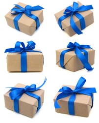 A wrapping gift box with blue ribbon