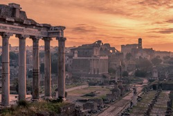 Rome, Italy: The Roman Forum, Latin: Forum Romanum, Italian: Foro Romano, in the spectacular sunrise. Beautiful representative picture of antique ruins. The historical center of the Forever City. 