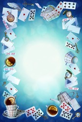 Wonderland background. Mad tea party.Playing cards, pocket watch, key, cup and teapot falling down the rabbit hole. Vertical banner.