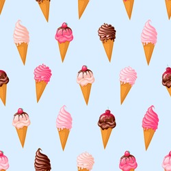 Pink strawberry and chocolate ice cream with cherry. Seamless pattern on blue background. Texture for fabric, wrapping, wallpaper. Decorative print.