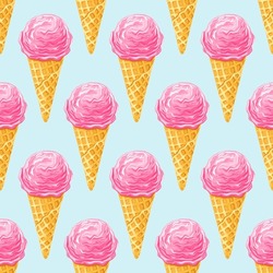 Pink strawberry ice cream . Seamless pattern on blue background. Texture for fabric, wrapping, wallpaper. Decorative print.