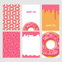 Set of bright food cards. Set of donuts with pink glaze. Seamless pattern, background, card, poster.