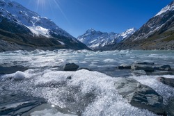 Icebergs in Hooker Lake at the end of Hooker Valley Track and foothill of Aoraki Mount Cook, South Island, New Zealand