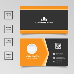 Corporate black orange business card templates with photo. Vector illustrator EPS 10