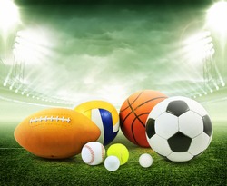 Sports balls in stadium