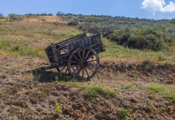 Isolated old wooden cart wagon carriage on the countryside of Castilla y Leon, Spain.