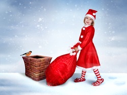 Beautiful christmas Girl with Gift Sack on the Roof. Funny Poster.