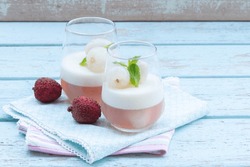 Lychee Panna Cotta and Jelly dessert in a glass
