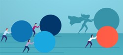 Business woman superhero pushes red sphere, overtaking competitors. Concept of winning strategy, business efficiency, leadership.