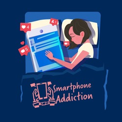 woman sleeps with her smartphone in the bed. smartphone or social media addiction concept - vector illustration