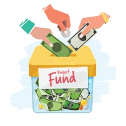 People hand insert money to fund box. foundation for projects. crowdfunding concept - vector illustration

