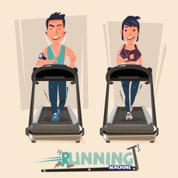 smart male and female doing exercises on treadmill. running machine - vector illustration