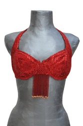 Silver mannequin wearing red dancing bra