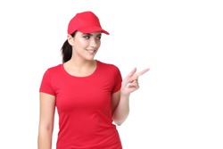 Delivery woman in red uniform on white background