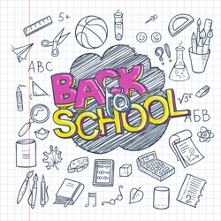 Back to School Supplies collection. Sketchy notebook doodles set with lettering. Vector illustration design elements on lined sketchbook paper