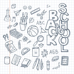 Back to School Supplies collection. Sketchy notebook doodles set with lettering. Vector illustration design elements on lined sketchbook paper