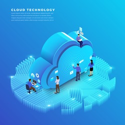 Business concept teamwork of peoples working development isometric cloud technology data. Vector illustrations.