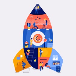 Illustrations flat design concept working space building rocket likestartup company. Create by small business people working inside. Vector illustrate.