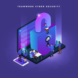 Business teamwork of small peoples working concept cyber security data and computer. Vector isometricillustrations.